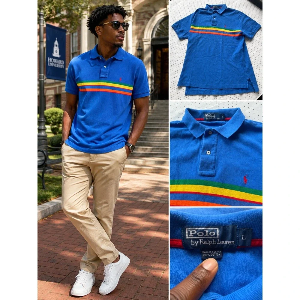Polo Ralph Lauren Mens Blue Rainbow Multi Stripe Cotton Pique Polo Shirt Large